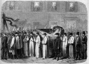 Begräbnis von Jean Baptiste (Giovanni Battista) Niccolini (1782-1861), 21. September 1861: Trauerzug, der die Überreste des italienischen Dichters durch die Straßen von Florenz (Firenze), Italien, trägt. Gravur in „Le Monde Illustré“ Nr. 234 vom 5. Oktober