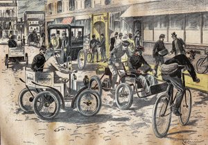 Erste Tests von Fahrrädern und verschiedenen Automobilen für den Posttransport am 5. Oktober 1899
