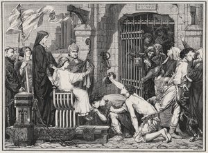 Anlässlich seiner Zukunft (1227) lässt der junge Ludwig IX. Gefangene frei - Gravur in 