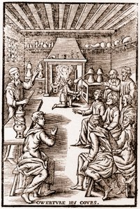 Eröffnung des Kurses der transmutatorischen Chemie - Gravur von 1653 in „LE VRAY ET METHOD COURSES DE PHYSICS RESOLUTIVE“ von Annibal Barlet