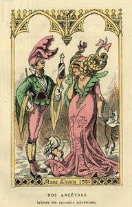 Unsere Vorfahren, Karikatur nach einem Aquarell von 1330. In „Histoire de France Tintamarresque“ von Touchatout, Paris von French School