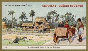 Ochsenkarrenfahrt auf der Insel Borneo (Chromolithografie) von French School