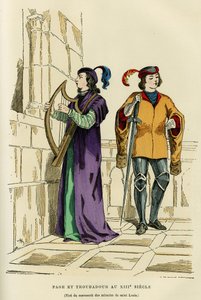 Page-Kostüme und Troubadour im 13. Jahrhundert. Farbgravur nach einer Zeichnung des Manuskripts der Wunder von Saint Louis (Louis IX 1214-1270), in „Frankreich und die Franzosen durch die Jahrhunderte“ von Augustin Challamel, F. Roy Herausgeber, Paris 1882