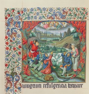 Seite aus einer Faksimile-Ausgabe von Missel de Jouvenel des Ursins mit einer historierten Initiale und einer Ansicht von Paris und der Seine im 15. Jahrhundert