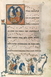 Seite aus einem Manuskript für einen Pariser Sänger, mit Illustrationen der Heiligen Dreifaltigkeit und dem Spiel Blindekuh, ca. 1280-1315