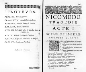 Seite des ersten Aktes von Nicomede von Pierre Corneille (1606-84)