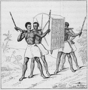 Sänftenreise zur Insel Bourbon (Réunion) im 18. Jahrhundert. Gravur in „La Marine et les colonies: commerce“ von French School