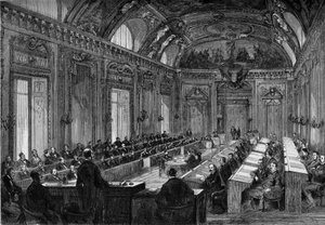 Paris, 4. August 1871: Erste Sitzung des Gemeinderats im Thronsaal des Palais du Luxembourg. Gravur in „Le Monde Illustré“ Nr. 748 vom 12. August 1871