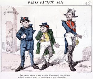 Paris befriedet 1871 - Als Maßnahme der Ordnung und persönlichen Sicherheit darf jeder Bewohner von Paris nur mit zwei Kerzen ausgehen. Karikatur über die Kommune.