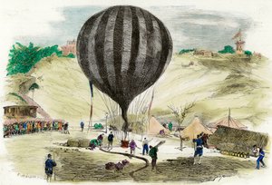 Belagerung von Paris 1870: Ansicht eines der Ballons, die zur Kommunikation mit dem Außenbereich verwendet wurden, auf dem Place Saint Pierre (Montmartre) in Paris. Gravur von 1870 Privatsammlung