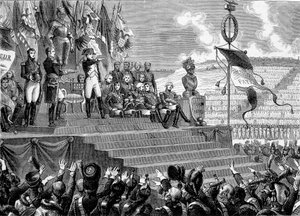 Fest im Lager von Boulogne: Napoleon I. Konsul. Gravur - in „Histoire de France“ von Henri Martin. 19. Jahrhundert