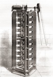 Paul-Gustave Froments vertikaler Elektromotor, ca. 1844, aus Les Merveilles de la Science, veröffentlicht ca. 1870