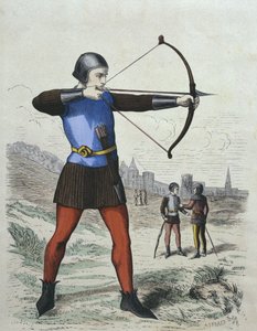 Fußbogenschütze im 13. Jahrhundert, Illustration aus Costumes de Paris à travers les siècles von H. Gourdon de Genouillac, graviert von A. Renard, 19. Jahrhundert von French School