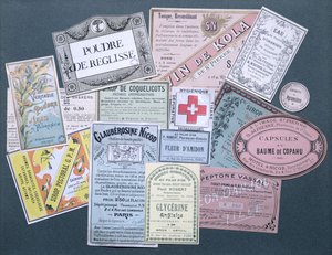 Apothekeretiketten, spätes neunzehntes & frühes zwanzigstes Jahrhundert von French School