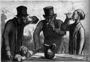 Physiologie des Trinkers: die vier Lebensalter. Karikatur von Honoré Daumier. Gravur in „Le Monde Illustré“ Nr. 289 vom 25. Oktober