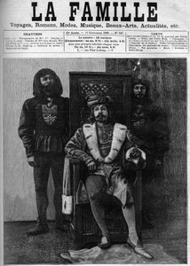 Pierre Loti im Kostüm von Ludwig XI. empfängt seine Gäste in seinem Schloss während einer Feier in einem Dekor aus der Zeit von Ludwig XI. Titelblatt von „Die Familie“ von 1888.