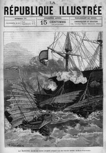 Piraterie: Das annamitische Kriegsschiff „La Magune“ wurde von chinesischen Piraten angegriffen. Eine Zeitung. Gravur von 1880 in „La république illustrée“, private Sammlung. von French School