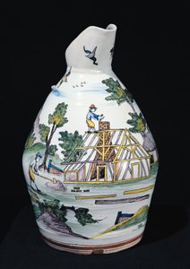 Krug, der den Bau eines Gebäudes darstellt, Sinceny, ca. 1740-50