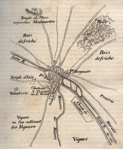 Plan von Paris unter den Merowingern - Gravur in „Physical, civil and moral history of Paris: from the earliest historical times to the present day“ von Jacques Antoine Dulaure von French School