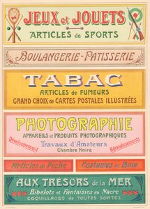 Tafel Nr. 20: Beschilderungsmodelle für Jugendstil-Schildermaler (Spiele und Spielzeug, Bäckerei-Konditorei, Tabak, Fotografie)