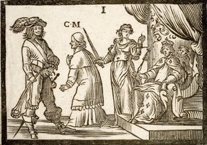 Politische Pamphlete Mazarinade: Mazarin wird von der Justiz und der Fronde verbannt und verlässt den König (Louis XIII). Holzschnitt von 1651. von French School