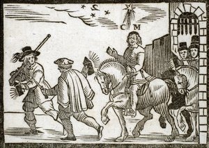 Politische Flugschrift Mazarinade: Mazarin flieht aus Paris zu Pferd, mitten in der Nacht, begleitet von zwei Dienern mit Laternen. Holzschnitt 1651 von French School