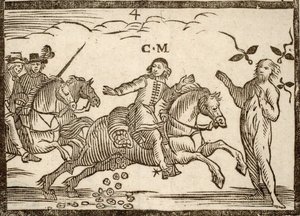 Politische Pamphlete Mazarinade: Mazarin lässt auf seiner Flucht Écus fallen: der Schatten von Concini, Marschall von Ancre, steht vor ihm. Holzschnitt 1651 von French School