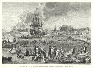 Hafen von Rochefort, Das Kolonialwarenlager; nach Joseph Vernet XVIII. Jahrhundert (Stich)