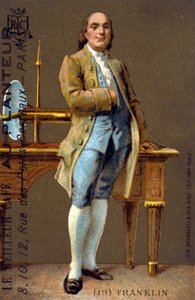 Ganzkörperporträt von Benjamin Franklin, amerikanischer Politiker und Physiker (1706-1790) - Chromolithographie, Anfang 20. Jahrhundert von French School