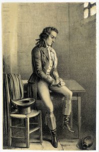 Porträt von Antoine Barnave (1761-1793), französischer Revolutionär im Gefängnis. - in „Galerie historique de la Révolution Française“ von Albert Maurin, ed. Paris 1843 von French School