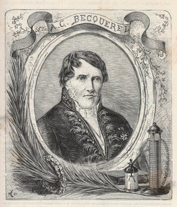 Porträt von Antoine Cesar Becquerel (1788-1878), französischer Physiker - Gravur in „Wissenschaften für jedermann - Physik und Chemie“ von Alexis Clerc - Ende des 19. Jahrhunderts - Private Sammlung