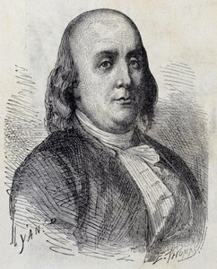 Porträt von Benjamin Franklin (1706 - 1790), amerikanischer Politiker, Memorialist, Pamphletist und Physiker - im „Album der Wissenschaft; berühmte Gelehrte; Große Entdeckungen“ 1896.