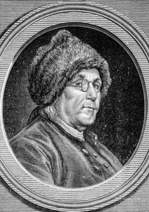 Porträt von Benjamin Franklin (1706 - 1790), Politiker, Memorialist, Pamphletist und amerikanischer Physiker - im „Album der Wissenschaft; berühmte Gelehrte; Große Entdeckungen“ 1896
