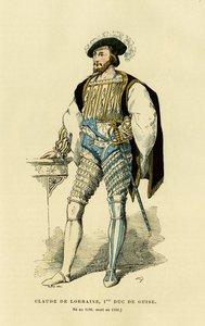 Porträt von Claude de Lorraine (1496-1550), Erster Herzog von Guise. Farbige Gravur, in „Frankreich und die Franzosen durch die Jahrhunderte“ von Augustin Challamel, F.Roy Herausgeber, Paris 1882. Selva Sammlung.