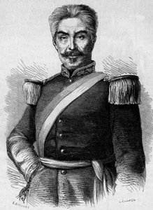 Porträt von Don Miguel San Roman (1803-1863), Präsident von Peru. Gravur in „Le Monde Illustré“ Nr. 320 vom 30. Mai 1863 von French School