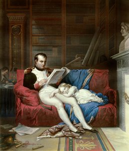 Porträt von Kaiser Napoleon I. (1769-1821) und seinem Sohn König von Rom Napoleon II., Herzog von Reichstadt (1811-1832) schlief auf seinem Schoß. Gravur des 19. Jahrhunderts Malmaison, Schlossmuseum