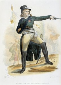 Porträt von Henri du Vergier, Graf von La Rochejaquelein (oder Orchard de La Rochejacquelein) (1772-1794) mit der Flagge „vive le roi“ (auf der Brust das Abzeichen der Vendeens) - in „Le Plutarque Français“ von Mennechet, Bd. 8, 1841 von French School