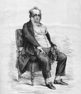Porträt von Henry Monnier (1799-1877), französischer Dramatiker, Karikaturist und Komiker. Er ist als „Monsieur Prudhomme“ gekleidet, eine von Monnier erfundene Figur, eine Karikatur des französischen Bürgertums im 19. Jahrhundert. Gravur in „Le Monde Illu von French School