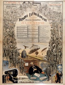 Porträt von Jules Verne und Szenen seiner Werke - Werbeplakat für seine Gesamtwerke von French School