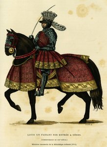 Porträt von Ludwig XII., König von Frankreich (1462-1515), bei seinem Einzug in Genua am 26. August 1502. Farbgravur nach einer Miniaturhandschrift der Nationalbibliothek (1515), in „Frankreich und die Franzosen durch die Jahrhunderte“ von Augustin Challam von French School