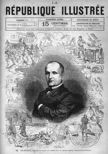 Porträt von Monsieur Claude (Antoine Francois Claude dit) (1807-1880), französischer Polizist und Schriftsteller, Chef der Sicherheitspolizei unter dem Zweiten Kaiserreich. Eine Zeitung. Gravur von 1880 in „La republique illustree“ private Sammlung.