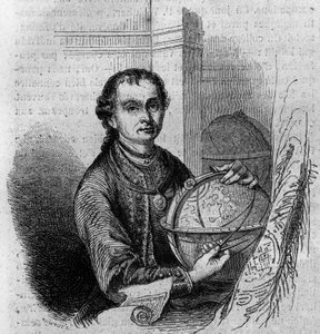 Porträt von Peter Anich (1723-1766), Tiroler Astronom und Kartograph, hält einen Globus und einen Kompass. Gravur in „Le Magasin pittoresque“ von French School