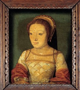 Porträt von Renée von Frankreich, Tochter von Ludwig XII., Herzogin von Ferrara (1510 - 1575). Öl auf Holz, anonymes Gemälde. Französische Schule des 16. Jahrhunderts