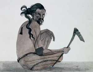 Porträt eines Eingeborenen der Insel Ualan, Karolinen-Archipel, Aquarell von Jules-Louis Lejeune, basierend auf der Reise um die Welt