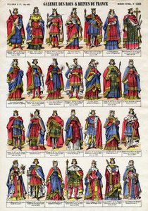 Porträt der Könige und Königinnen von Frankreich aus der Kapetingischen Dynastie von Lothaire bis Ludwig X. Epinal-Bildgebung Ende des 19. Jahrhunderts. Private Sammlung.