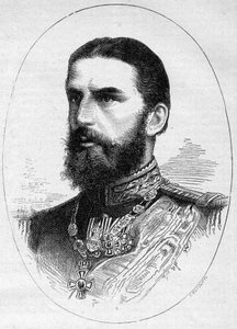 Porträt des Prinzen von Rumänien Charles de Hoenzolern Sigmaringer, zukünftiger König unter dem Namen Charles I. (Carol I). Gravur in „Le Monde Illustré“ Nr. 1054 vom 23. Juni 1877
