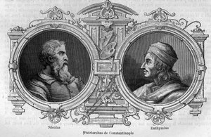 Porträts von Nikolaus dem Mystiker (10. Jahrhundert) und Euthymius von Athos (955-1028), Patriarchen von Konstantinopel. Gravur in „Histoire des Papes-Rois-Queen and Empereurs à travers les siècles“ von Maurice Lachatre