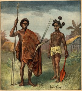 Porträts von zwei indigenen Menschen aus dem Marringong-Stamm, New South Wales (Australien). Gravur in „La Terre Illustrée“ Nr. 97 vom 8. September 1892 von French School