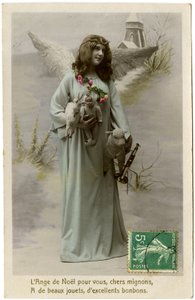 Postkarte: Der Weihnachtsengel für dich, lieber Süßer, hat schöne Spielsachen, ausgezeichnete Süßigkeiten von French School