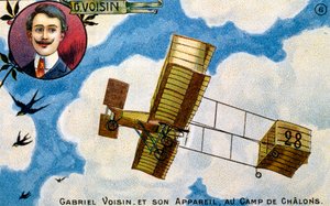 Postkarte zur Feier des französischen Pionierfliegers Gabriel Voisin, frühe 1900er Jahre (Chromolithographie)